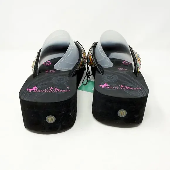 NWT Montana West Black/Multicolor Chunky Flipflops with Rhinestones Cross Detail - Picture 5 of 9